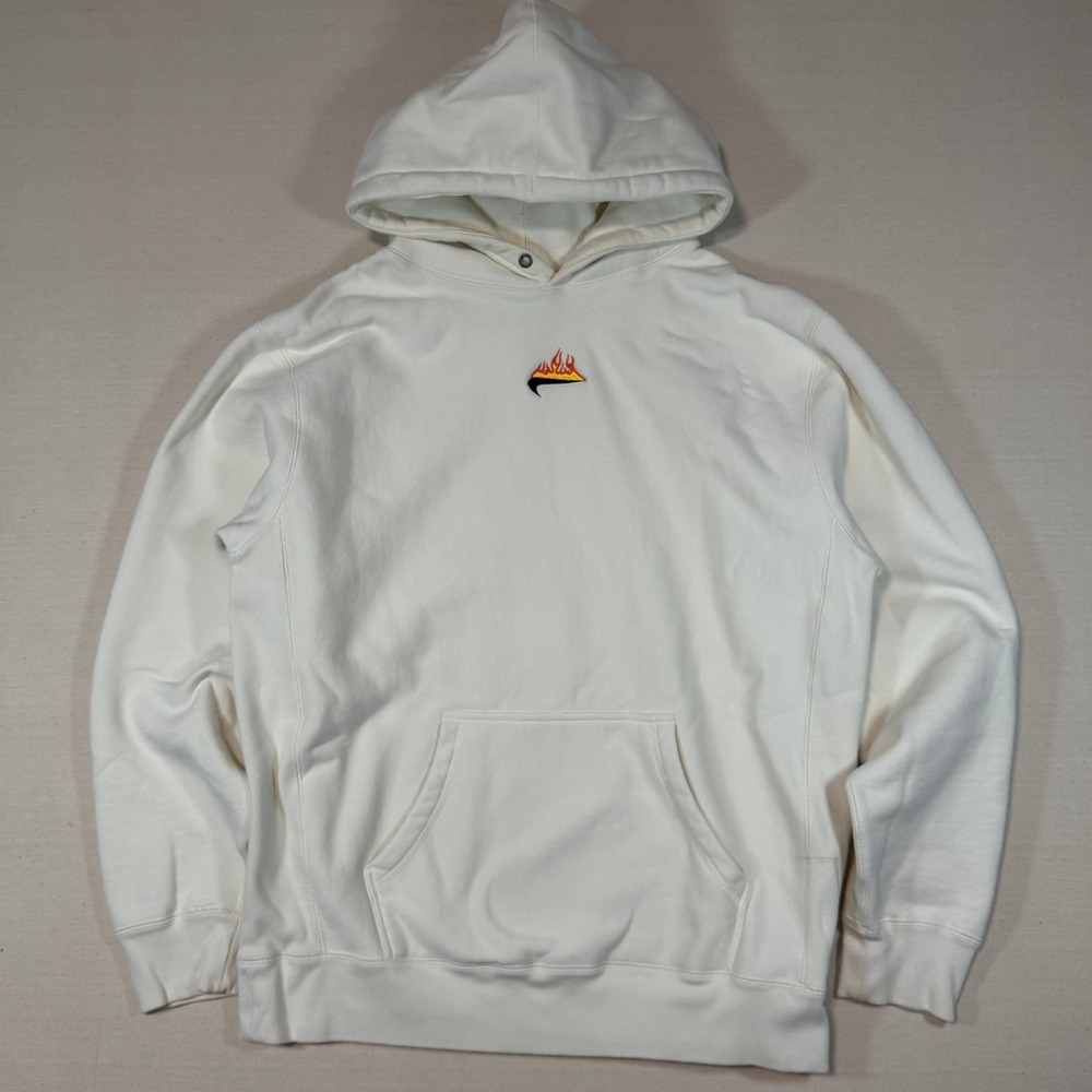 In Way Over Your Head Flame Swoosh Hoodie Mens XL Cream Streetwear Pullover